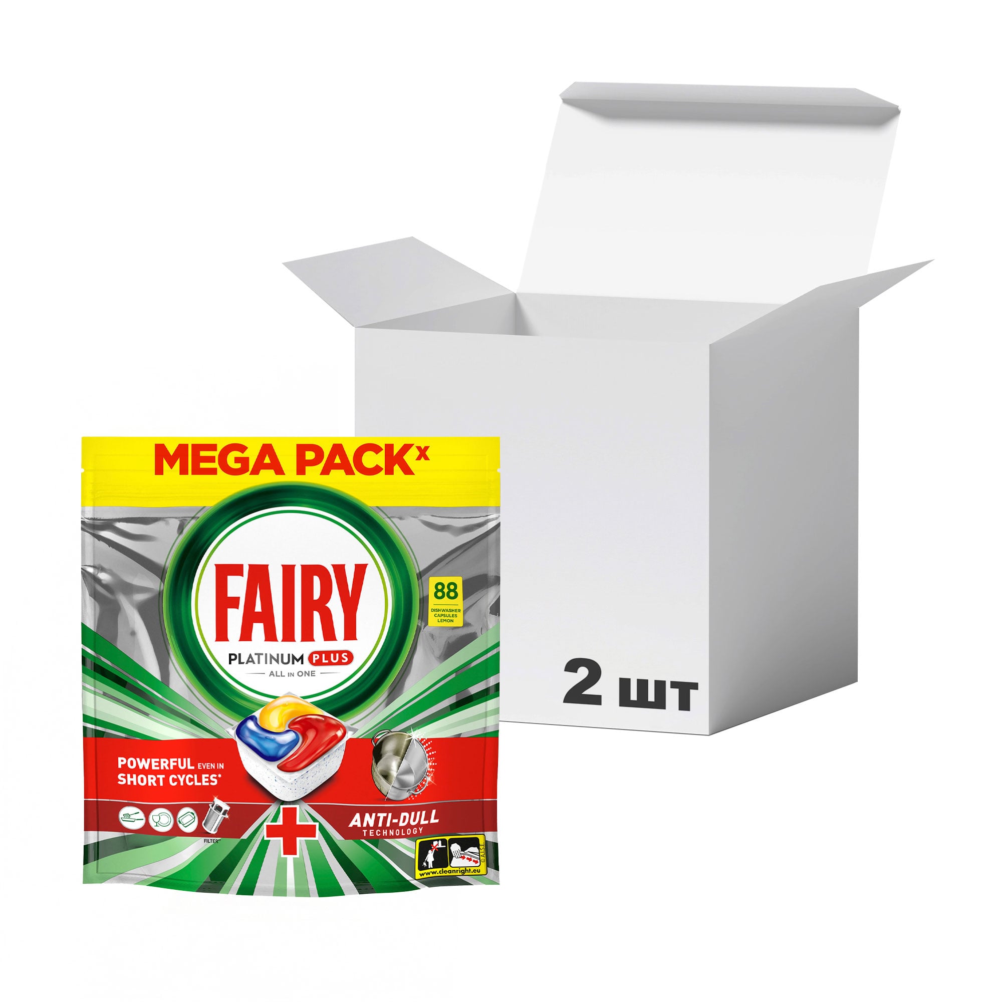 Упаковка капсул для посудомийної машини Fairy Platinum Plus Все в 1, з ароматом лимону, 88 шт * 2 шт
