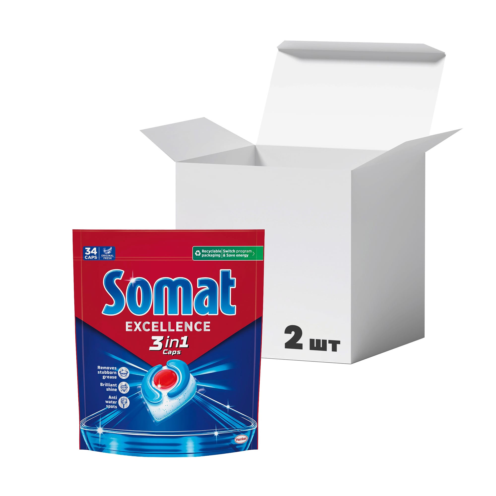Упаковка капсул для посудомийної машини Somat Excellence 3 in 1, 2 шт * 34 шт